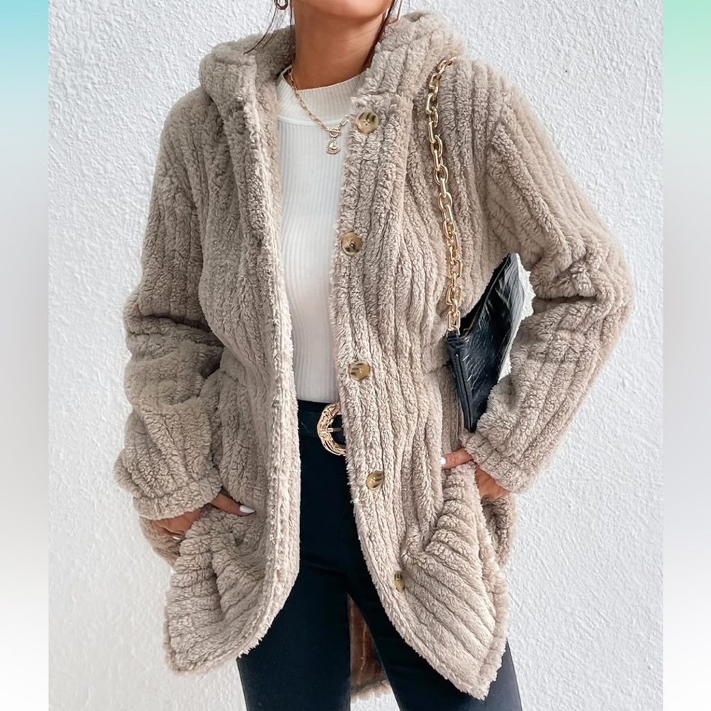 Cozy teddy Button Front Hooded Coat Jackets color Khaki - Picture 6 of 8